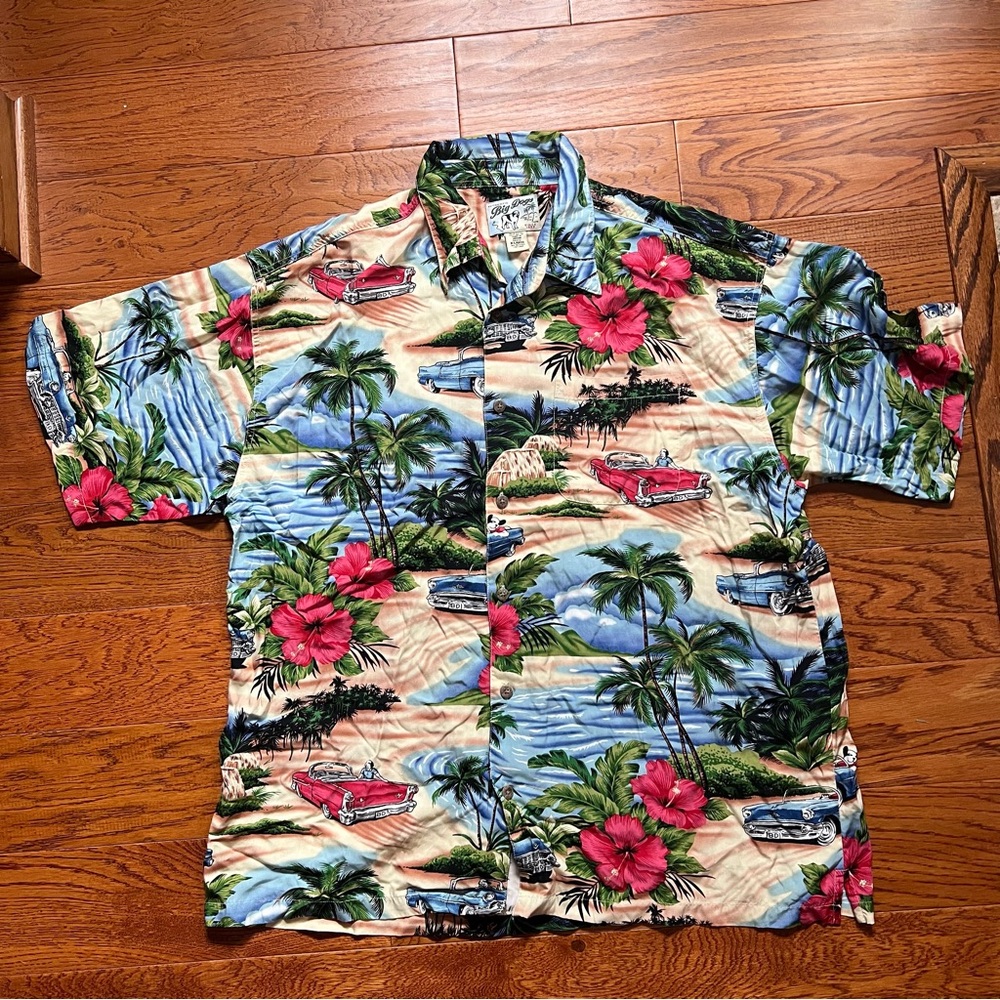 Big Dogs Hawaiian Shirt Mens XL Tropical Beach Palm Trees Classic Car